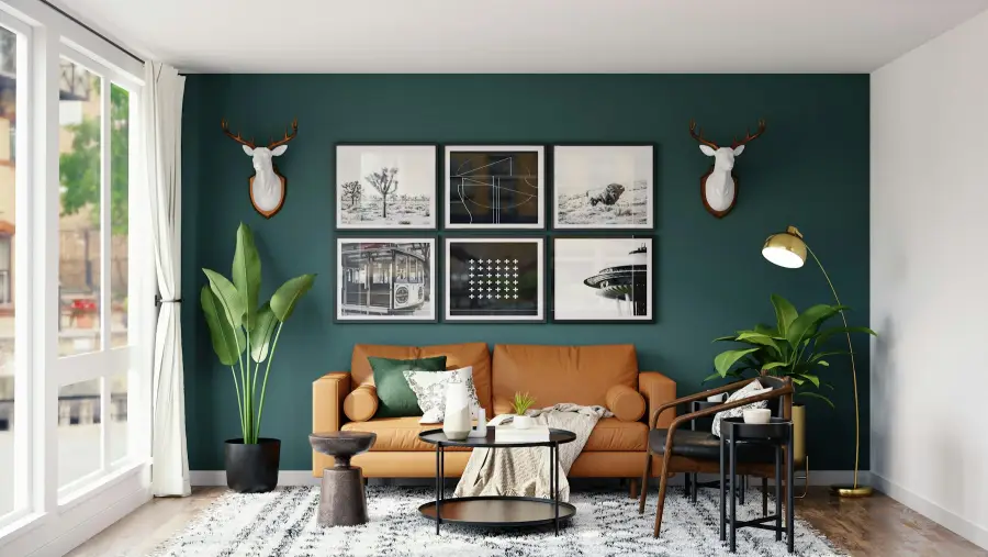 Woonkamer met diepgroene wand